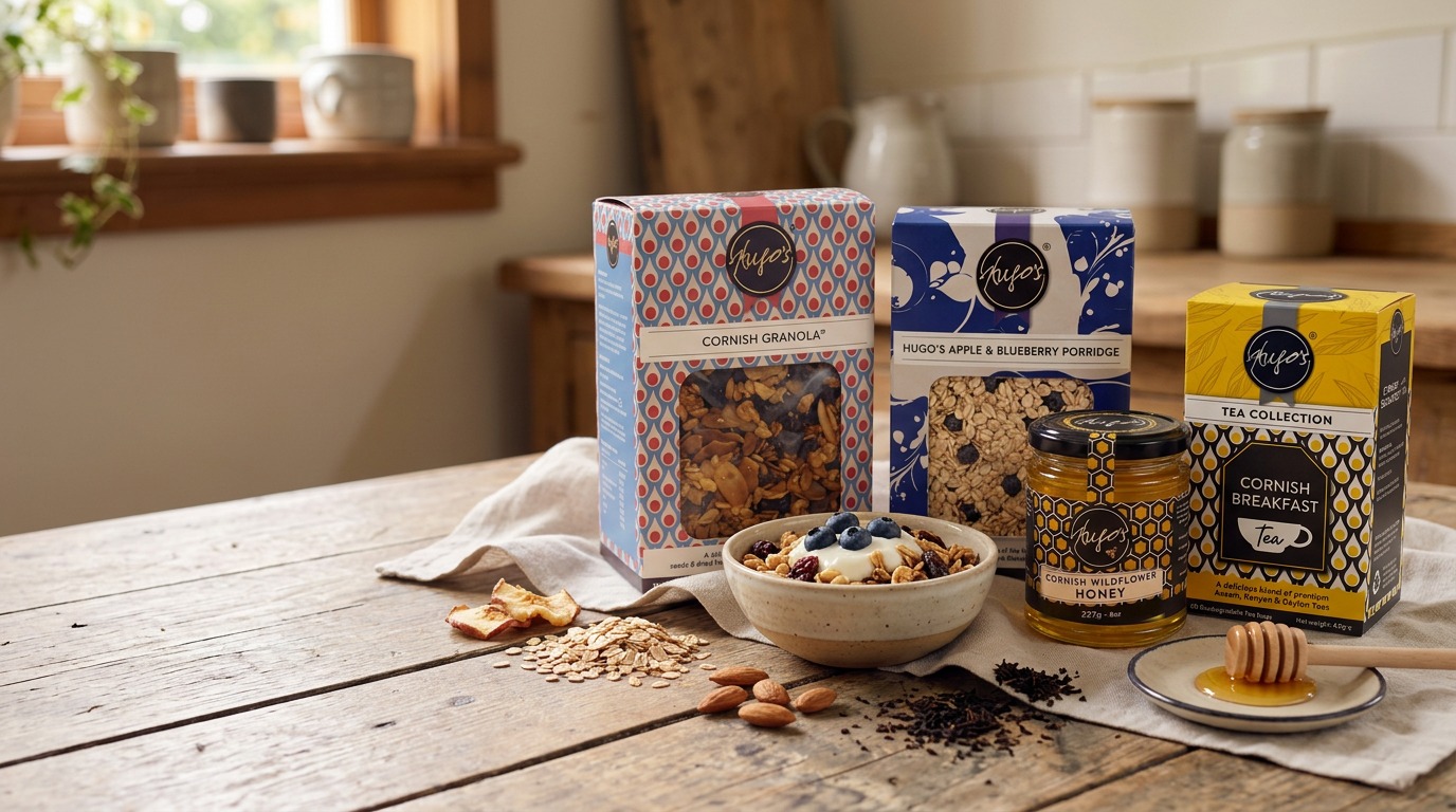 The Hugo's Breakfast range — Cornish granola, muesli, porridge, tea, hot chocolate, biscuits and honey