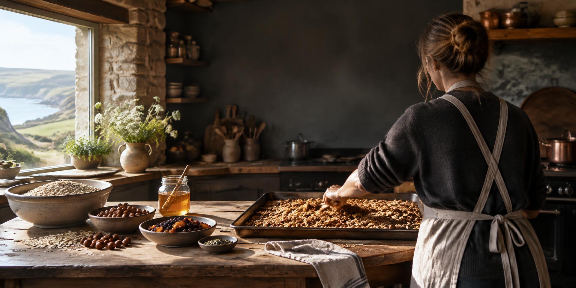 Granola being made by hand in a Cornish kitchen overlooking the coast