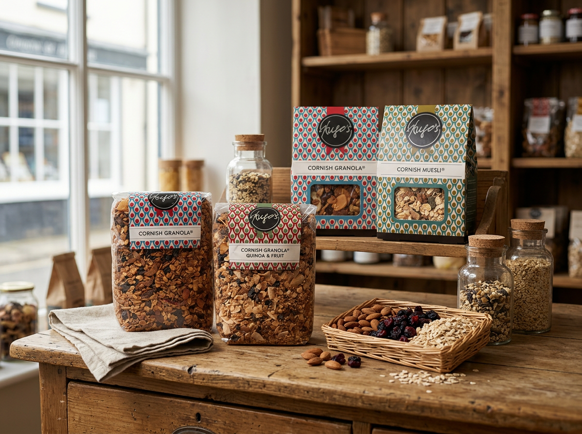 Hugo's Breakfast granola and muesli range displayed on an independent shop counter